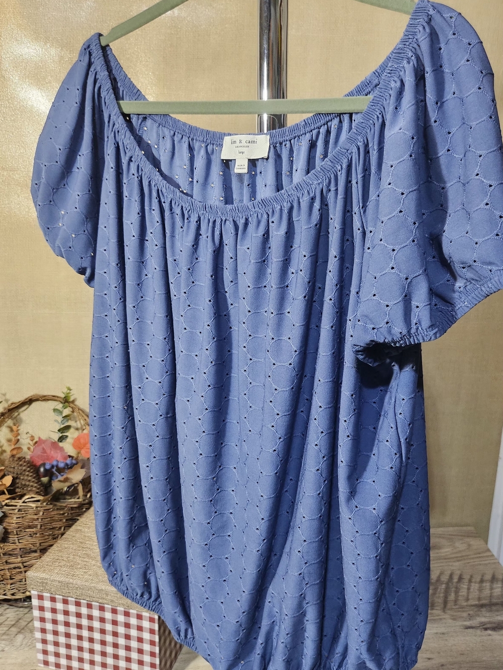 Kim & Cami Periwinkle Eyelet Off /On -Shoulder Peasant Top